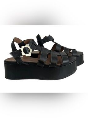 Ted Baker London Black Leather Platform Gladiator Sandals Scalloped Buckle EU 41